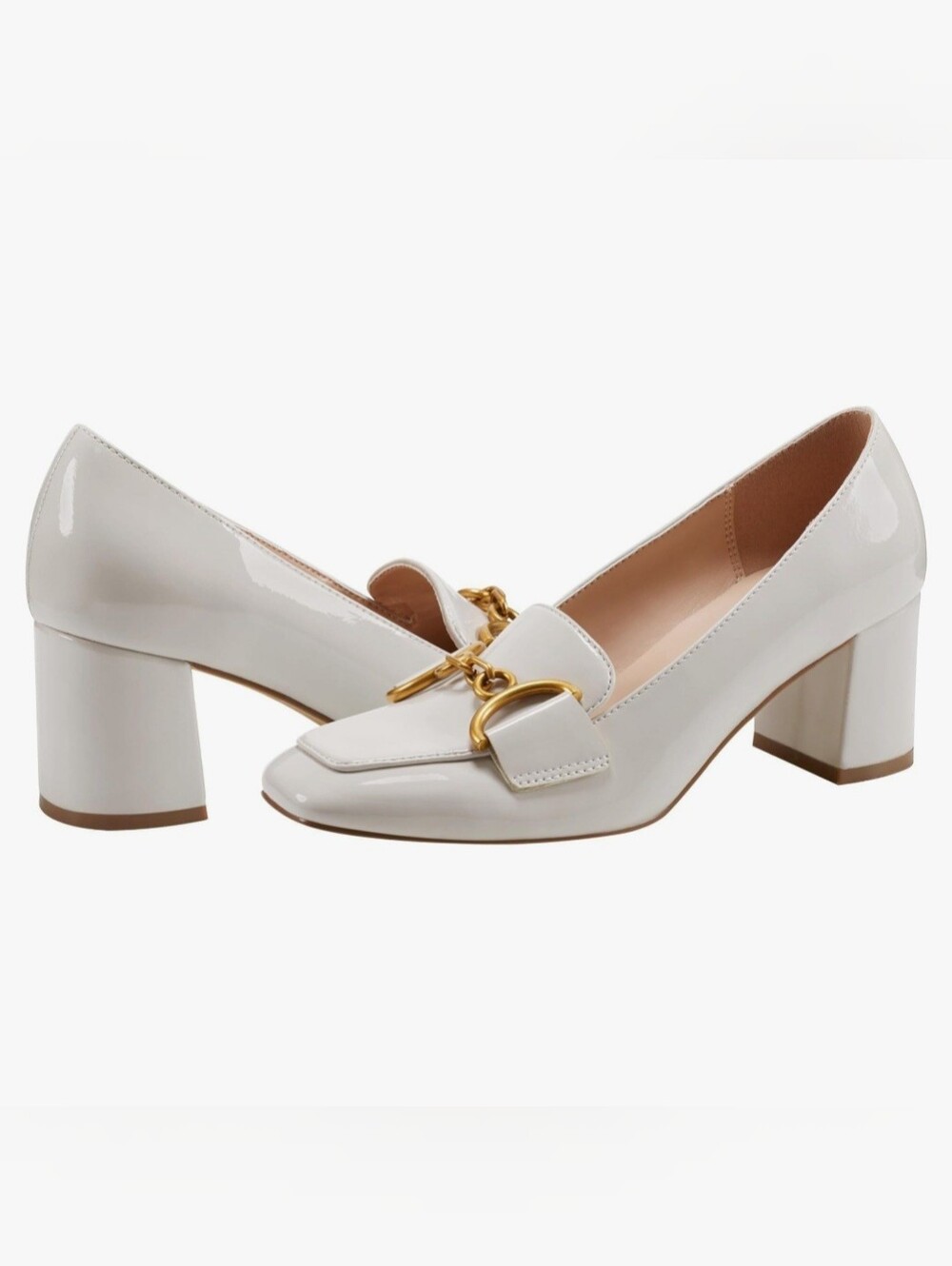 Bandolino NWON Off White Patent Block Heel Loafers with Gold Accent Size 6.5